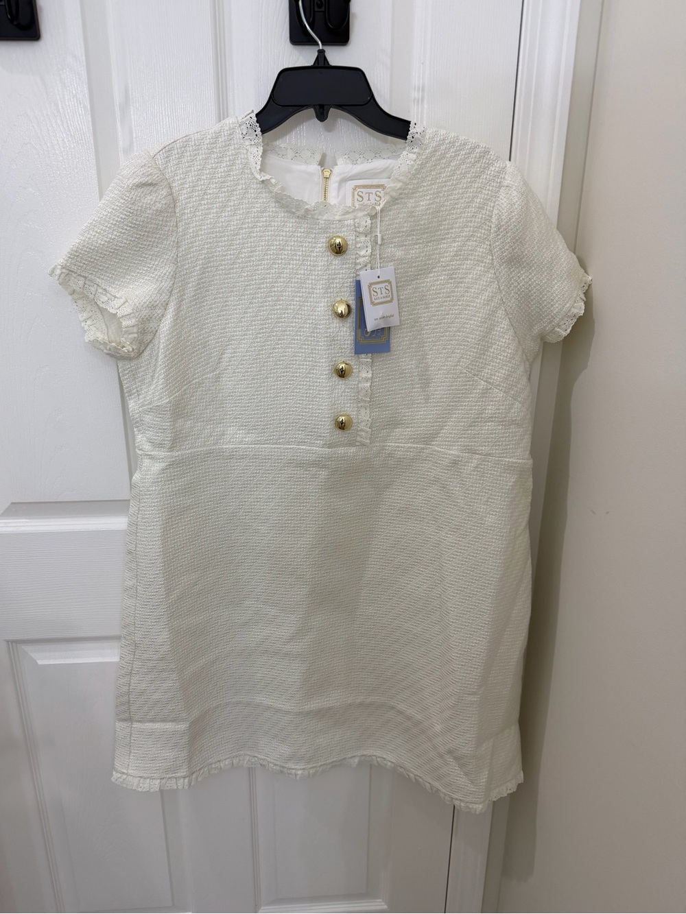 Sail to Sable Cream Textured Dress with Gold Buttons